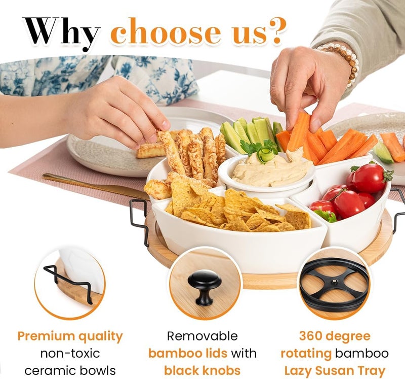 DEVA Home Design Chip and Dip Serving Set | Rotating Bamboo Lazy Susan Appetizer Tray with Black Handles | White Ceramic Bowls with Bamboo Lids | Divided Round Party Platter | Giftable - Image 5
